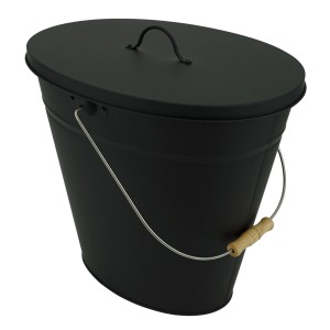 Seau à cendres Valo noir ovale (24 l) avec couvercle et poignée en bois. Accessoire pour cheminée et poêle.