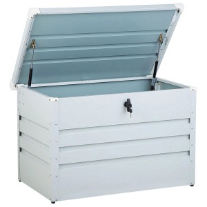 Coffre de rangement Beliani Cebrosa en acier gris clair ouvert, verrouillable, 64x100x62 cm.