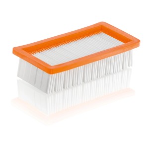 Filtre plissé plat Kärcher pour aspirateur à cendres, filtre robuste avec cadre orange.