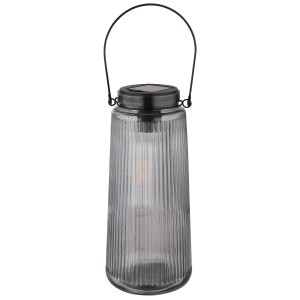 Globo lampada solare LED, vetro fumé e metallo nero, alta 25 cm, per decorazioni d'atmosfera.
