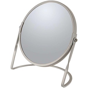 Specchio cosmetico Spirella Akira color tortora con base, ingrandimento normale e 5x.