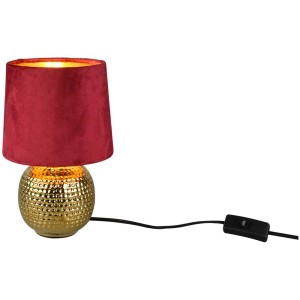 Lampada da tavolo Sophia oro/rosso: lampada di design con paralume in velluto rosso e base in ceramica dorata.