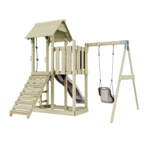 PolarPlay altalena per neonati Bergen in rosa antico: set da gioco in legno con scivolo, altalena e elementi di arrampicata.