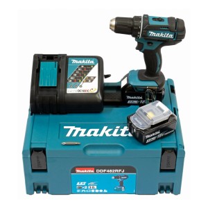 Ensemble perceuse-visseuse sans fil Makita DDF482RFJ 18V avec 2 batteries, chargeur et coffret.