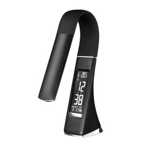 Lampe de bureau noire Sophie avec horloge et variateur tactile.