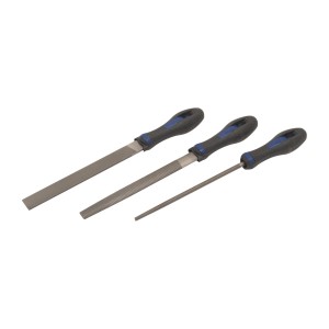 Set de limes LUX Comfort, 3 pièces : lime plate, demi-ronde et ronde avec manches ergonomiques.