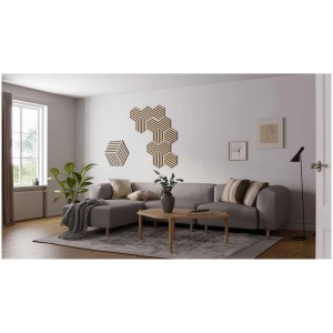 Salon avec panneaux design Denpanels Hexagon Oak, lot de 3, comme décoration murale.