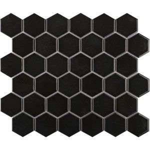 Mosaïque Castello Hexagon, céramique, noir, 32x28 cm. Vue détaillée des carreaux de mosaïque.