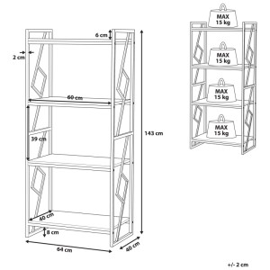 Étagère Beliani Forres, 4 niveaux, design industriel. Dimensions 143x64x40 cm, charge max 15 kg par étagère.