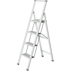 Wenko Scaletta pieghevole in alluminio, 4 gradini, bianca. Scala in alluminio con gradini antiscivolo per una presa sicura.