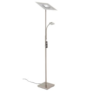 Lampada da terra a LED con braccio di lettura, 2 luci, metallo/vetro, nichel opaco, dimmerabile e con telecomando.