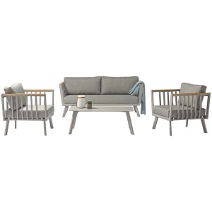 Salon de jardin 4 pièces Acamp Gondola avec canapé gris, deux fauteuils et table avec accoudoirs en polywood.