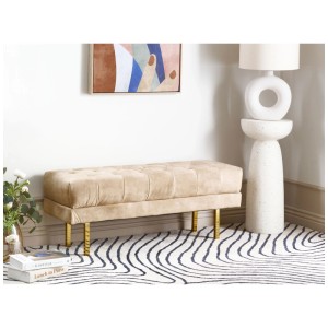 Banquette Beliani Roseville en velours beige avec boutons et pieds dorés.