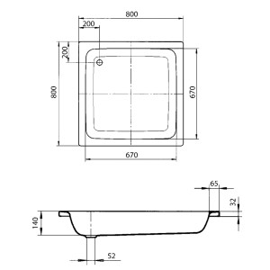 Dessin technique du receveur de douche plat blanc Kaldewei Sanidusch 80x80x14 cm avec dimensions.