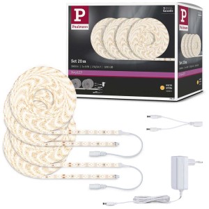 Set striscia LED Paulmann SimpLED, 20m, bianco caldo, con accessori come alimentatore e cavi.