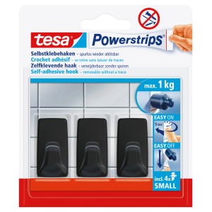 Tesa Powerstrips crochets adhésifs S, carrés, noirs, 3 pièces. Auto-adhésifs et amovibles.