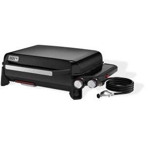 Weber Premium Plancha Slate GP, schwarzer Gasgrill mit Deckel und Gasanschluss.
