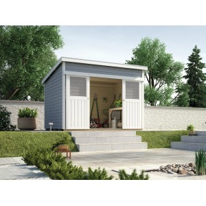 Abri de jardin coulissant Weka 225 gris avec double porte et outils.