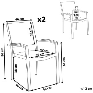 Dimensioni set sedie da giardino Beliani Pereta, 2 sedie in metallo grigio con dimensioni.