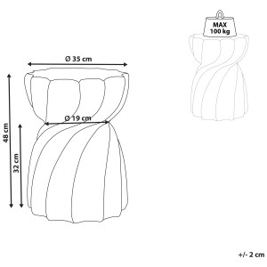 Schéma : Table d'appoint de jardin grise Beliani Algua en béton avec dimensions et capacité de charge.