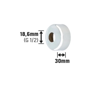 Verchromte Messing-Rosette, 18,6 x 30 mm, zur Abdeckung von Wanddurchbrüchen.