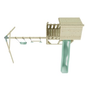 Torre gioco Uppsala in legno con scivolo, altalena e trapezio verde menta.