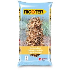 Sacco di trucioli di legno Ricoter 6-50 mm, 50 l per pacciamatura decorativa e vialetti.
