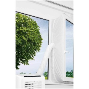 Kit de calfeutrage de fenêtre Emerio 4m installé sur une fenêtre avec climatiseur.