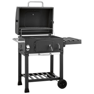 Barbecue à charbon noir Jamestown Jaxon avec couvercle ouvert et table latérale.