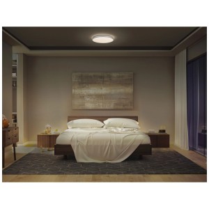 Plafonnier LED Osram Orbis Dublin argenté, Ø 39 cm, dans une chambre.