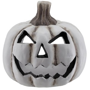 Portacandele Halloween in ceramica bianca, 10 cm, con volto di zucca spaventoso. Figura decorativa.