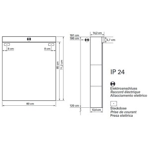 Dessin technique : Armoire de toilette Sidler Avona Novo LED, largeur 60 cm, avec dimensions.