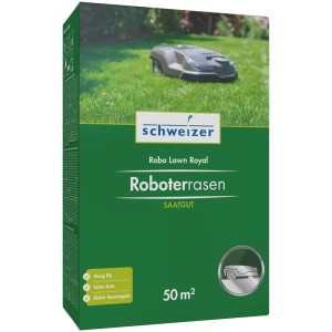 Graines de gazon Schweizer Robo Lawn Royal 1,25kg, adaptées aux robots tondeuses, pour une pelouse dense et verte.