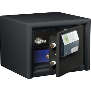 Cassaforte nera Combi-Line CL 410 E con porta aperta e serratura elettronica.