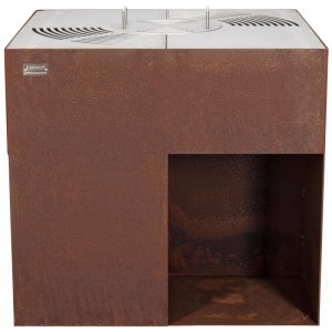 Brasero Nouvel Cubo Pro en acier couleur rouille avec rangement pour le bois.