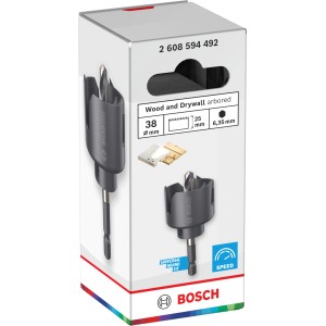 Seghe a tazza Bosch Wood and Drywall, Ø 38mm, con supporto, grigia.