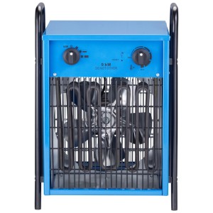 Stufa elettrica blu Alduro 9kW con termostato per cantieri e officine.