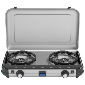 Fornello da campeggio Campingaz Camping Kitchen 2 Maxi con due bruciatori e coperchio, ideale per il campeggio e l'outdoor.