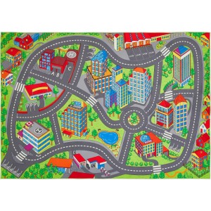 Tapis de jeu multicolore pour enfants 140x200 cm avec motif de ville pour un jeu imaginatif.