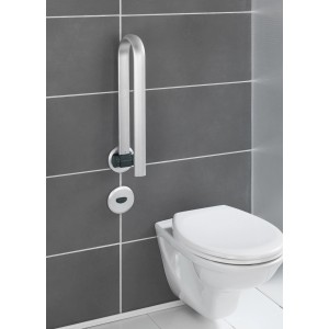 Barre d'appui rabattable en aluminium Wenko Secura Premium à côté de toilettes sur un mur gris.
