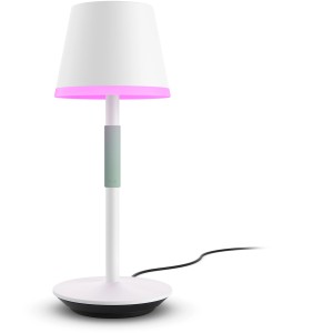 Weiße Philips Hue Go Tischleuchte mit Farbwechsel, tragbar und smart.