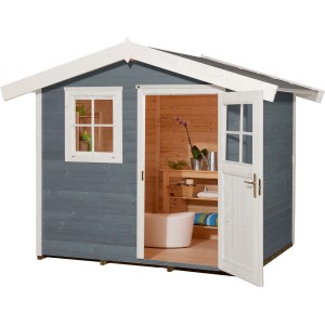 Casetta da giardino in legno grigio con tetto a due falde, doppia porta aperta e finestra. Ideale come rimessa attrezzi o stanza hobby.
