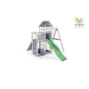 Torre gioco Activer marrone con scivolo, altalena e parete da arrampicata.