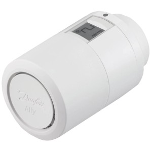 Weißes Danfoss Ally Heizkörperthermostat mit Display für smarte Heizungssteuerung.
