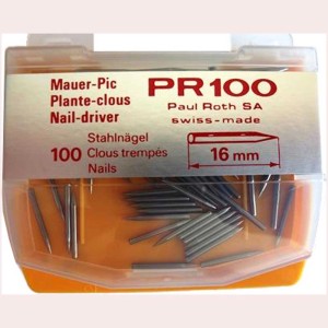 Clous Mauer-Pic, 16 mm, lot de 100 pièces pour cloueur PR100. Clous en acier dans un récipient transparent.