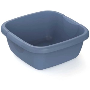 Blaues, eckiges Rotho Becken Daily, 8 Liter, mit Griffmulden für Reinigungsarbeiten.
