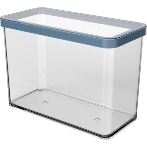 Contenitore rettangolare trasparente Rotho Loft Premium (2,1 l) con coperchio blu.