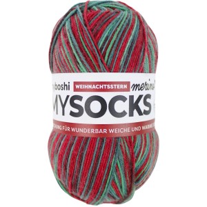 Gomitolo Myboshi mysocks Merino Weihnachtsstern, rosso, verde, grigio, 100g.