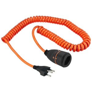 Câble spiralé orange Lockxtend, 1,5 mm², 150 cm, avec fiche et prise noires. Rallonge pour intérieur et extérieur.