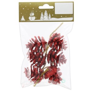 Décoration de Noël : Ensemble de 6 pommes de pin rouges (4 cm) avec paillettes, emballées.